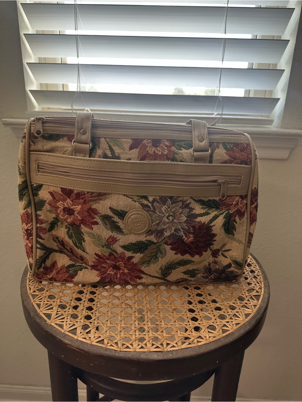 Floral Tapestry Satchel Bag in Beige and Burgundy